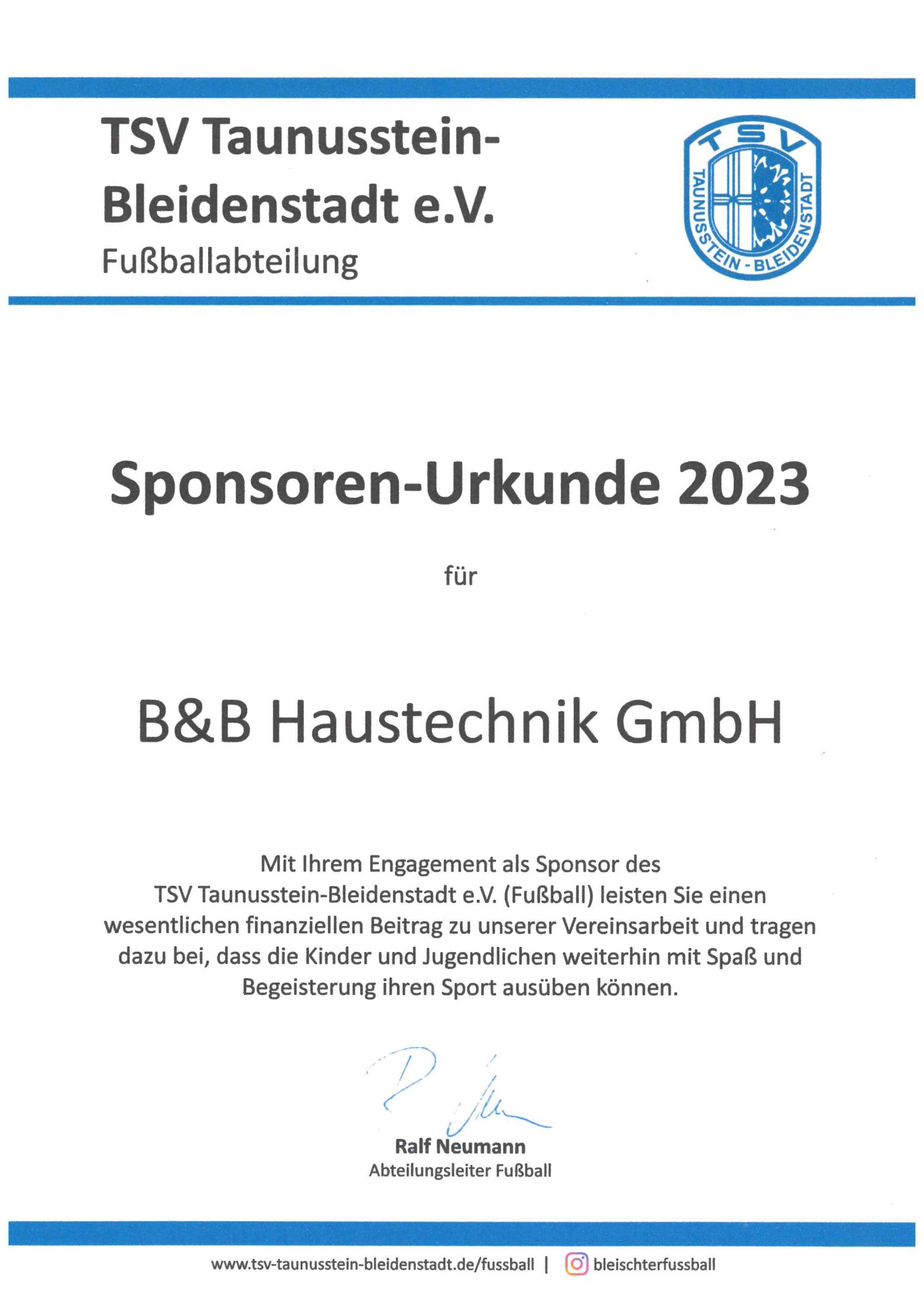 Urkunde Stadionbanner 2023 TSV Taunisstein-Bleidenstadt