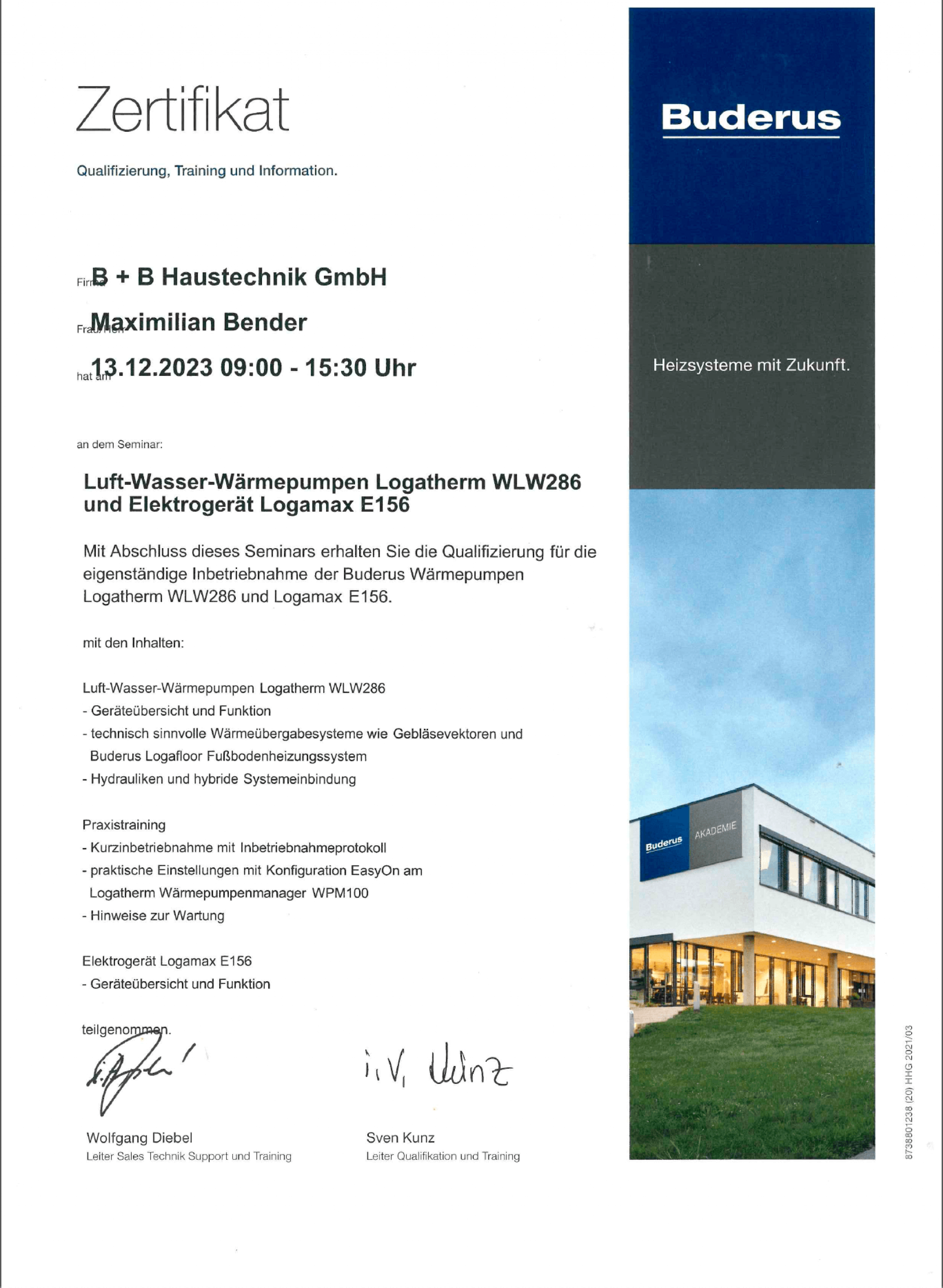 B & B Haustechnik GmbH - Zertifikat Buderus Wärmepumpe